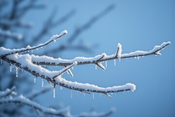 Serene winter tree branch with snow and icicles against clear blue sky.