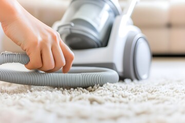 Fototapeta premium Hand Untangling Vacuum Cord on Carpet Surface