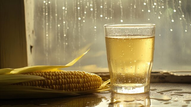 Fresh Corn and Beverage on a Rainy Window Sill