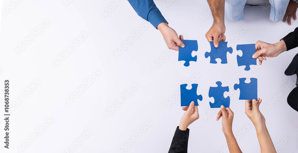 Poster Top view panorama banner of business team joining jigsaw puzzle together over meeting table symbolize business partnership and collective unity teamwork in problem solving solution. Prudent