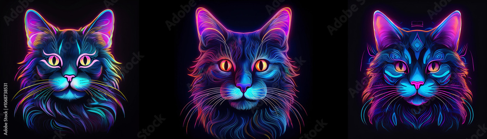 Poster Three glowing neon cats with different color combinations.