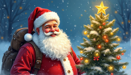Obraz premium Ai generates a whimsical watercolor illustration of santa claus with christmas tree for festive art lovers
