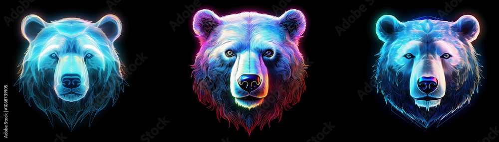 Poster Three bear heads are displayed in a row, each with a different iridescent color.