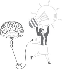 Charging idea brain or cloud computing concept, businesswoman with electrical plug plugging in the cloud database and his fists raised