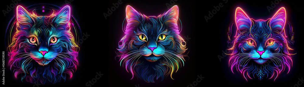 Poster three black cats with neon fur, each in a different color combination.