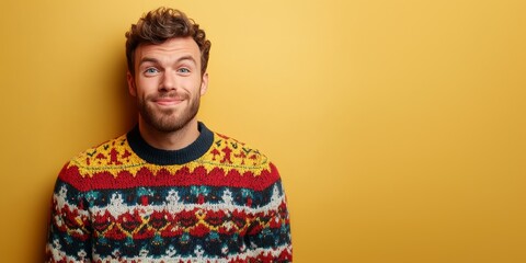 Fototapeta premium Young man in ugly Christmas sweater, standing against a yellow minimalist background. Jumper Day