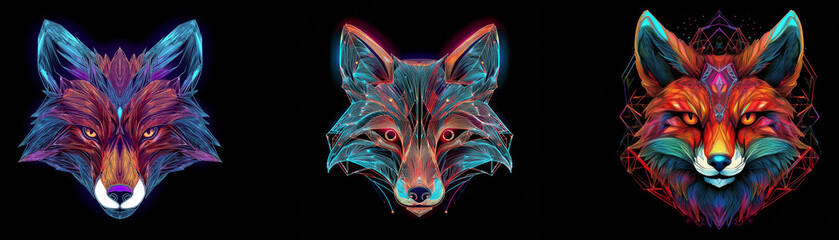 Obraz premium Three fox heads are portrayed in neon colors against a black background. The foxes' eyes are glowing brightly.