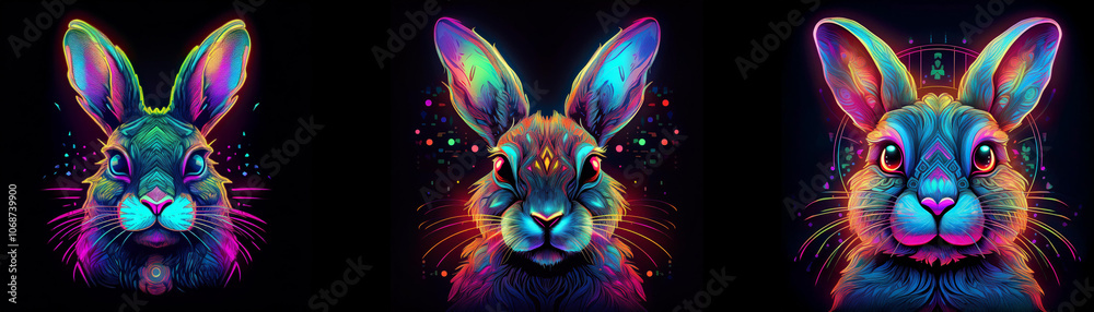 Poster three colorful rabbits with long ears and vibrant fur are looking at the viewer.