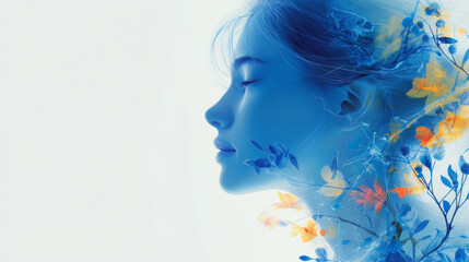 serene silhouette of woman with floral elements, showcasing beauty and tranquility. blue tones create calming atmosphere, enhancing artistic expression