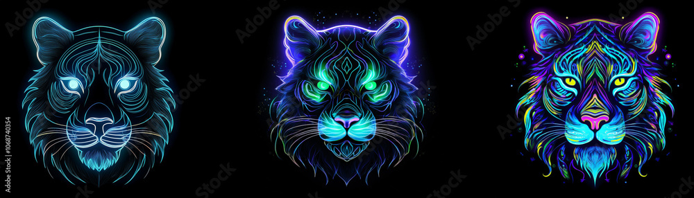 Poster three neon tiger heads with intricate patterns and glowing eyes on a black background.