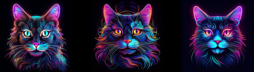 Three colorful cats with glowing fur and eyes.