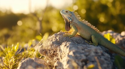 Fototapeta premium Iguana Basking in Warm Sunlight on Rocky Surface