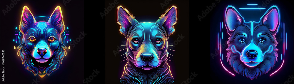 Aufkleber Three colorful, neon-glowing dog portraits with varying background patterns.