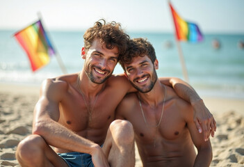 Ai generates vibrant memories of an lgbtq+ male couple celebrating love on the beach