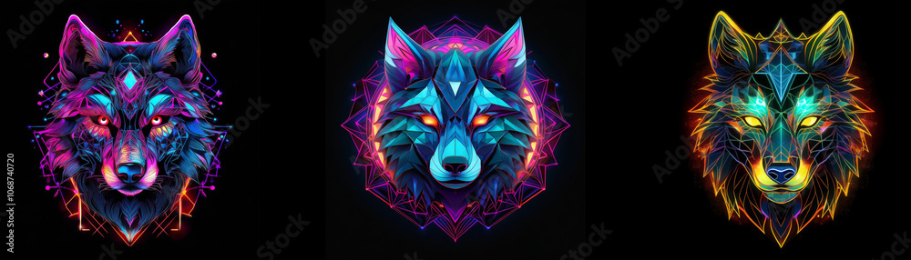 Aufkleber Three neon wolf heads with glowing eyes and geometric patterns in psychedelic colors.