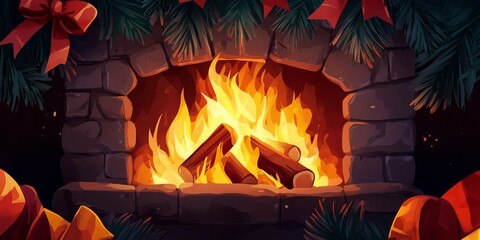 Obraz premium A cozy fireplace adorned with festive decorations, glowing logs, and a warm fire, inviting a cheerful holiday ambiance.