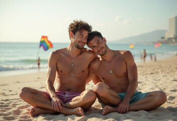 Fototapeta premium Ai generates heartwarming moments of an lgbtq+ male couple enjoying their time together on the beach