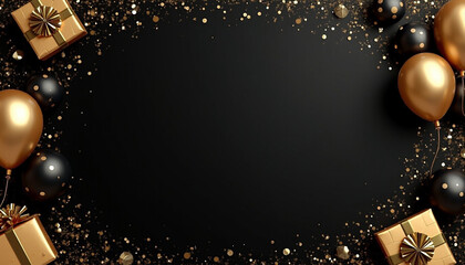 Celebrate with elegance discover ai-generated black and gold party themes featuring balloons and gifts
