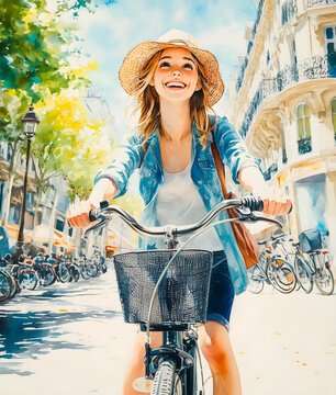 Jeune fille avec un chapeau en v&eacute;lo en ville en &eacute;t&eacute;