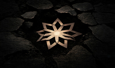 A golden starburst pattern emerges from the cracks in a dark, textured surface.