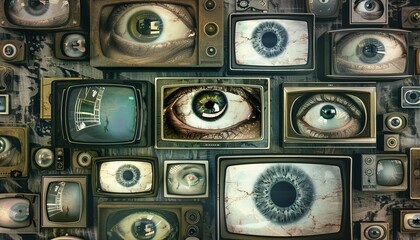 Obraz premium Mind-Bending 3D Retro Abstract Artwork: Hypnotic TV Computer Monitor Collage