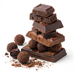 Pieces of dark chocolate bar isolated on white,Chocolate thins with white cream filling isolated on white