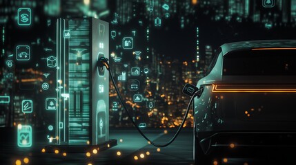 Electric car charging at futuristic station with city skyline in background