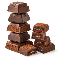 Pieces of dark chocolate bar isolated on white,Chocolate thins with white cream filling isolated on white