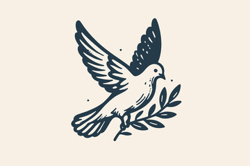 The artwork showcases a bird actively flying, gracefully landing on an olive branch, embodying a sense of peace and calm, with a minimalist design.