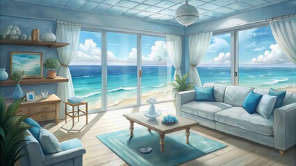 Fototapeta premium Coastal Living Room with Ocean View and Blue Decor