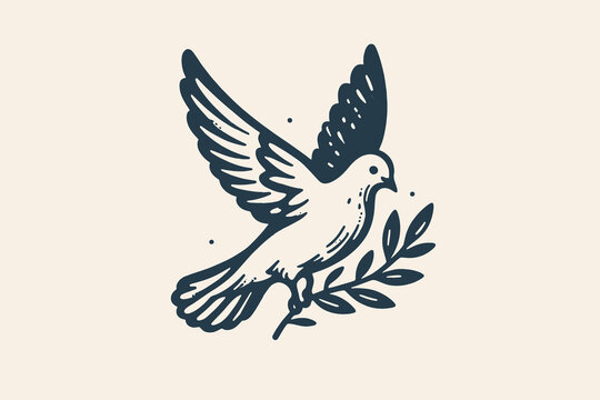 The artwork showcases a bird actively flying, gracefully landing on an olive branch, embodying a sense of peace and calm, with a minimalist design.