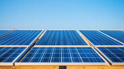 A close-up view of solar panels under a clear blue sky, showcasing renewable energy technology and sustainability.
