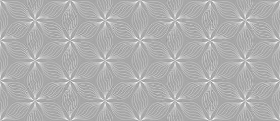 Monochrome vector geometric seamless pattern with floral silhouette, curved lines. Repetitive texture.