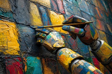 An AI robot creating a vibrant mural in an urban setting during daylight
