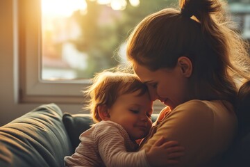 Fototapeta premium Tender evening embrace between mother and toddler at home