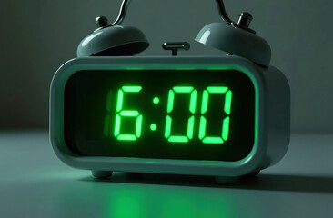 The clock shows 6:00 with bright green digits, creating a calm atmosphere during the early morning hours
