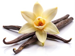 Vanilla's essence explodes in a close-up, showcasing pods and flower.