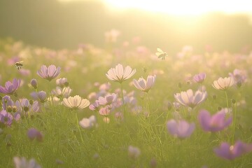 A close-up view of vibrant spring flowers basking in the warm sunlight of a serene field during the refreshing season of blooming colors and life