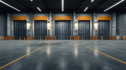 Spacious industrial warehouse interior with polished concrete floor, multiple large metal roller shutter doors and overhead lighting, featuring yellow safety markings and barriers.