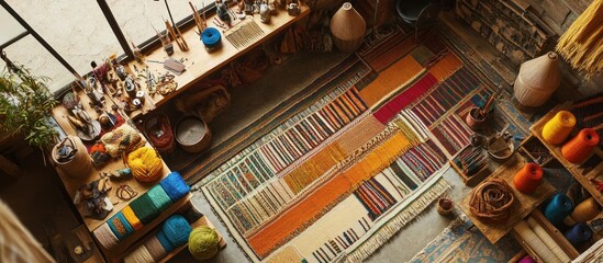 A workshop with colorful fabrics and yarn displayed on a worktable with other tools for a traditional craft project.