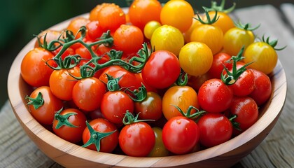 Discover the vibrant variety of fresh cherry tomatoes in a wooden bowl for your culinary adventures