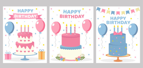 Set of happy birthday poster design. Birthday greeting with balloons and cake. Vector Illustration.