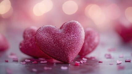 Obraz premium Pink Glitter Hearts with Blurred Background and Scattered Hearts