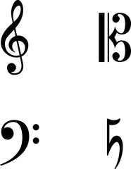 Music Note Icon Art. Notes, treble clef, bass clef, solfeggio, pauses and other marks on the sheet music. illustration on a white background