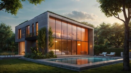 Fototapeta premium Modern House, Pool, Sunset, Architecture, Luxury, Home, Design, Green Roof, Garden, Trees