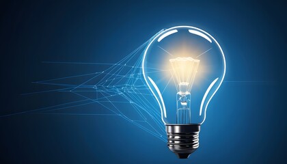 Glowing light bulb design, Lines of light from intricate lights connected into a larger network. Dark blue background