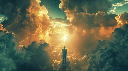 Fototapeta premium A lone figure ascends into a vibrant sky illuminated by the sunrise and surrounded by clouds