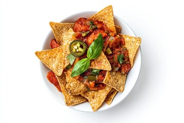 Nachos chips with tomato sauce and jalapeno, mexican appetizer. Isolated, white background. top view