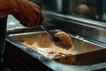 A close-up of gelato being scooped from a metal container in an Italian gelateria.