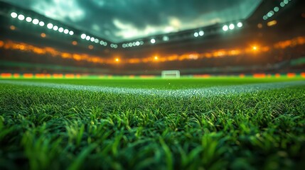 vibrant soccer stadium with a lush green pitch, under the bright lights of an evening match. rows of excited fans blur into the background, capturing the electric atmosphere and passion for the game